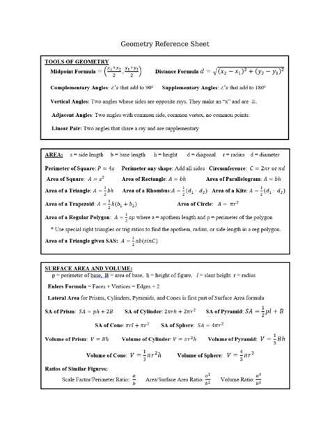Geometry Reference Sheet Pdf