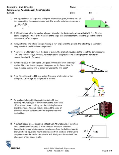 geometry trig word problems worksheet answers