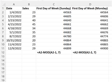 get first day of week from date excel