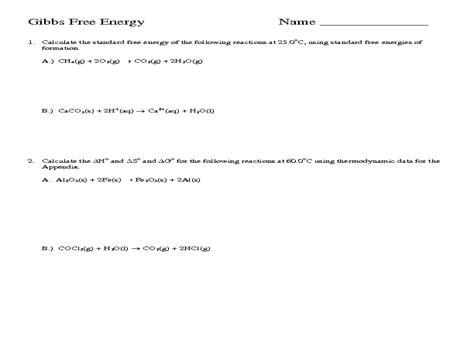 gibbs free energy worksheet