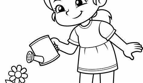Girl Watering Plants Clipart Black And White Outline Illustration Of Little The Flower Royalty Free