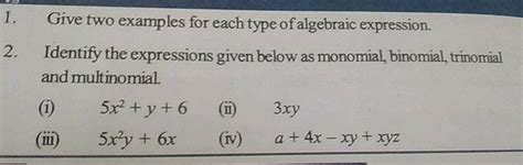 give two examples for each type of algebraic expressions