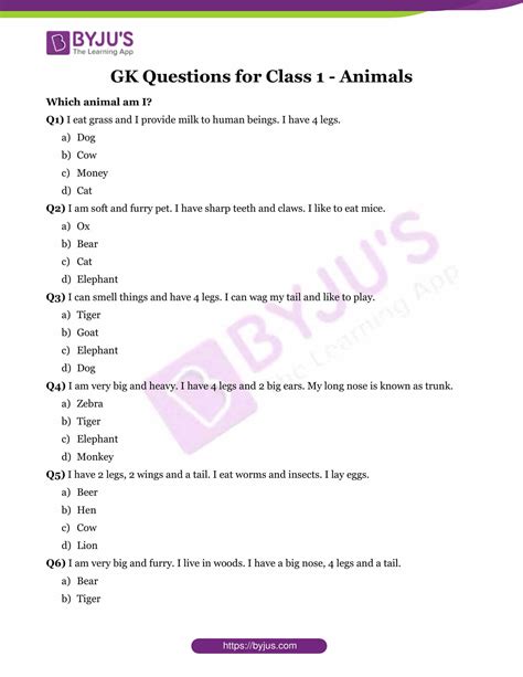 gk questions for class 1 to 4 with answers