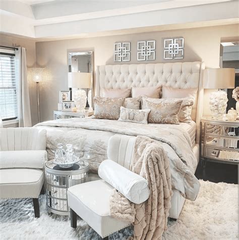Stunning glam bedroom decor with extended headboard bed in