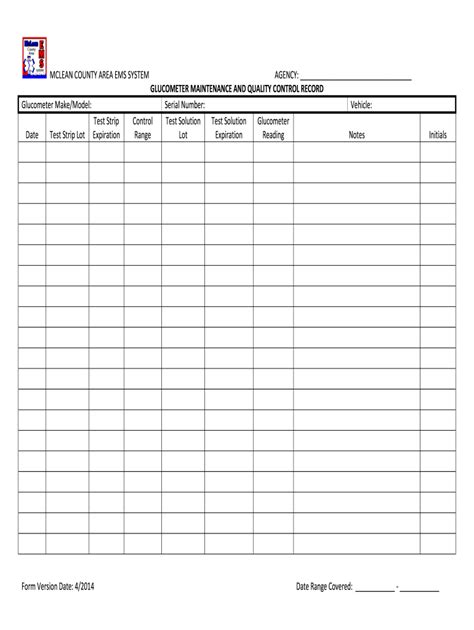 Glucometer Quality Control Log