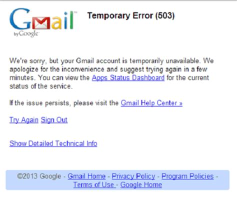 gmail 503 error meaning