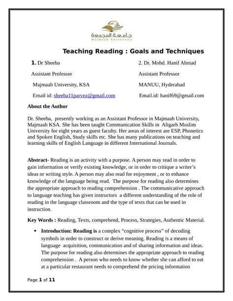 Goals And Techniques For Teaching Reading