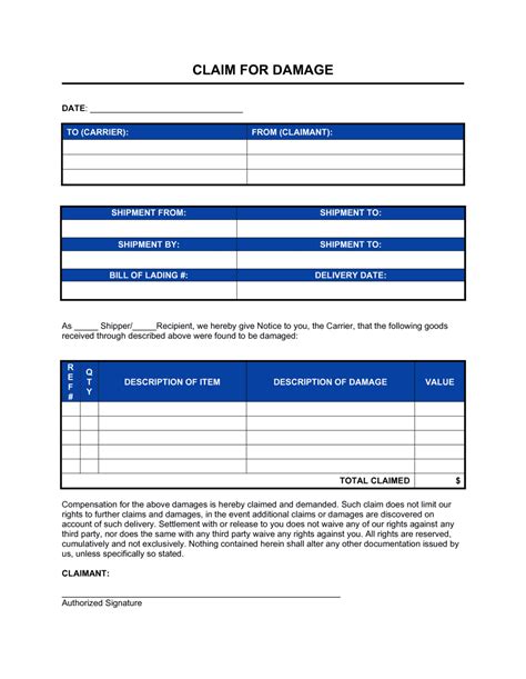 goods simple damage claim form template
