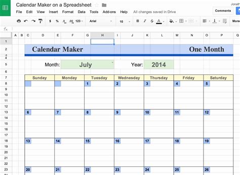 Google Sheet Monthly Calendar Template