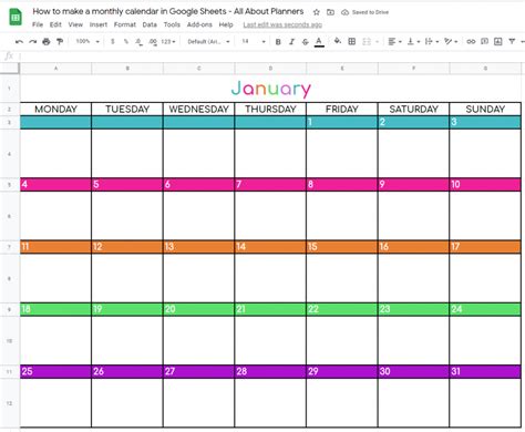 Google Sheets Monthly Calendar Template 2024