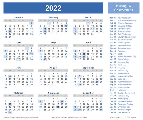 google calendar 2022 printable with holidays
