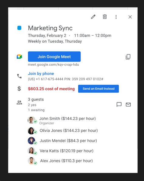 google calendar cost of meeting