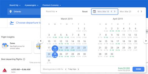 google flights calendar of prices