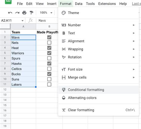 google sheets conditional formatting based on another cell checkbox