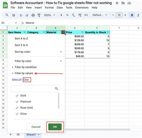 Google Sheets Filter Not Updating