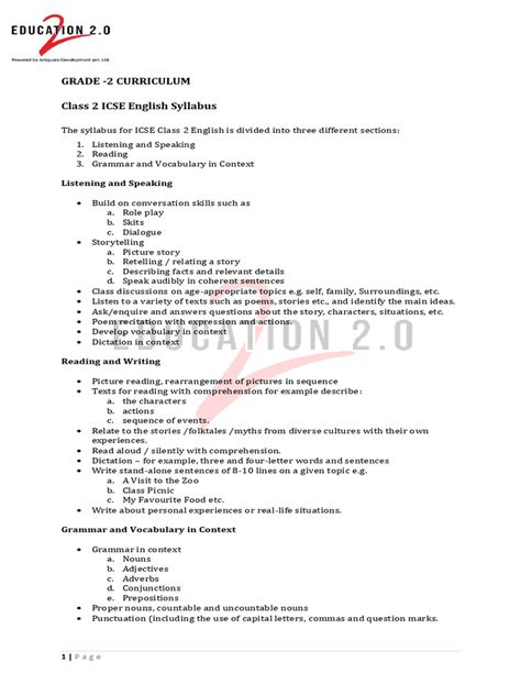 grade 2 icse syllabus