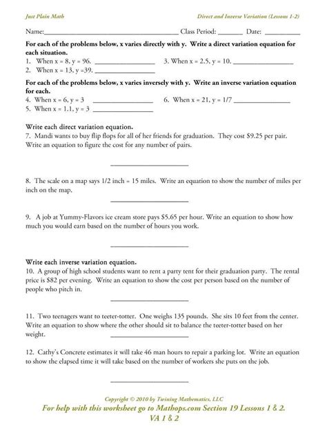grade 9 direct variation worksheet answers