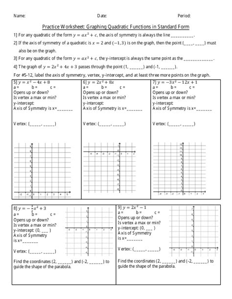 Graphing Quadratic Functions Standard Form Printable