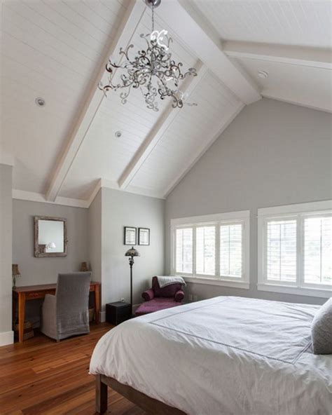 Gray And White Bedroom With Vaulted Ceiling