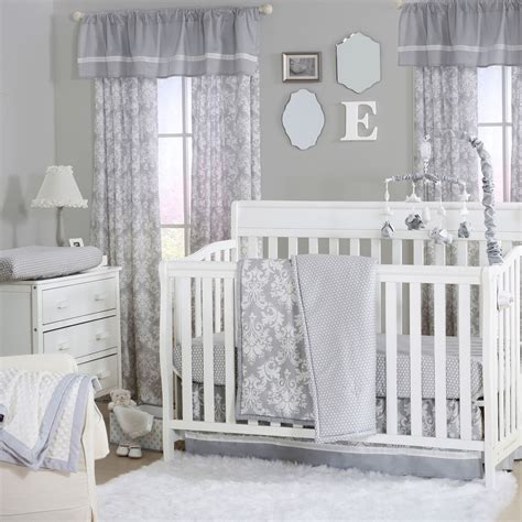 gray and white crib set