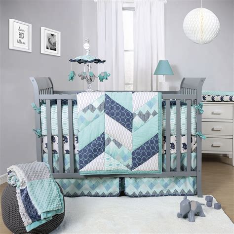 gray and white crib set