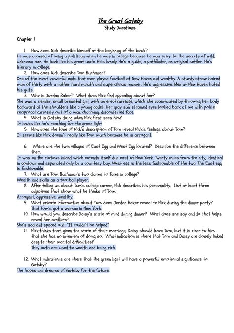 Great Gatsby, Worksheets Quizzes HW Discussion for Fitzgerald’s Novel