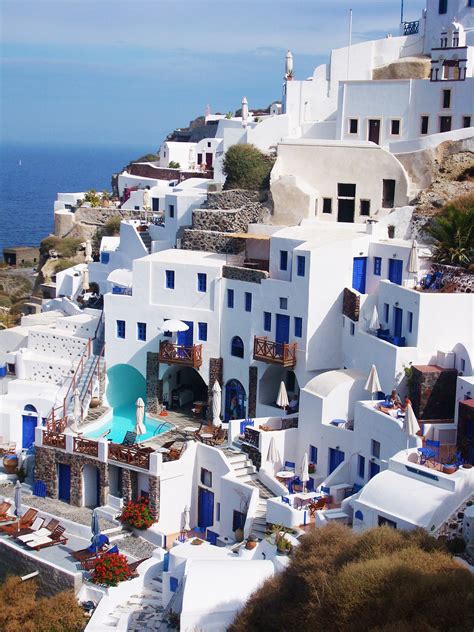 White Traditional Greek Houses on a Hillside on the Island of Santorini