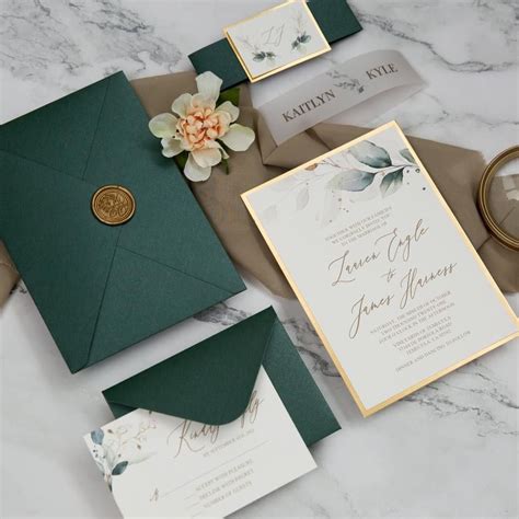Emerald Green and Gold Wedding Invitation Set Modern