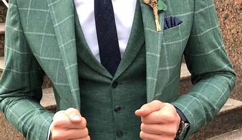 Green Plaid Suit Jacket Plain Trouser And Vest Men's