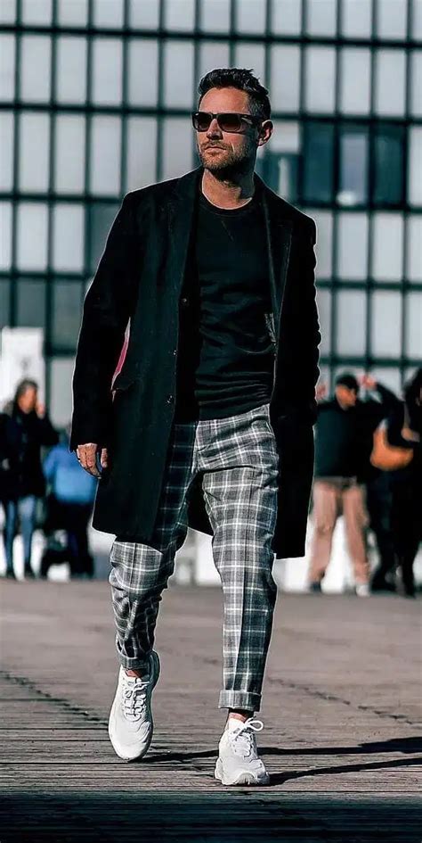 Grey plaid pant and Black overcoat outfit for men in 2020 Black