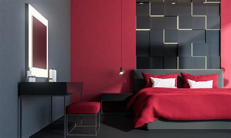 Grey Bedroom With Red Accent Wall