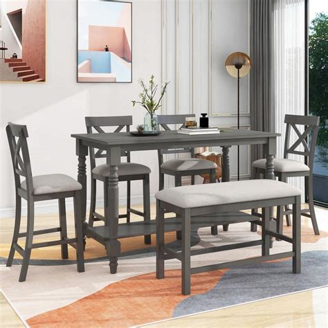 Grey Counter Height Dining Set With Bench