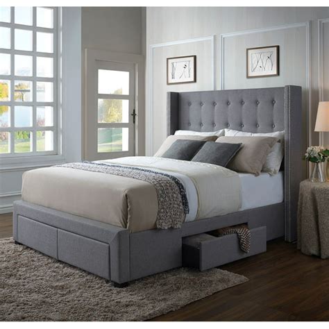 grey upholstered king size bed frame
