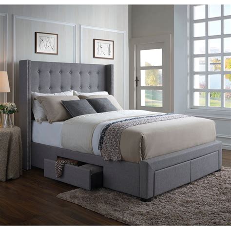 grey upholstered king size bed frame