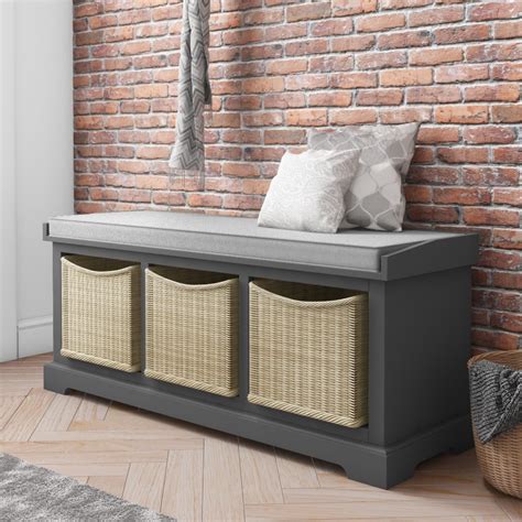 www.vakarai.us:grey wooden storage unit bench with two natural wicker drawers baskets