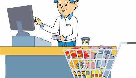 Cashier Working At Grocery Store Checkout Counter Stock
