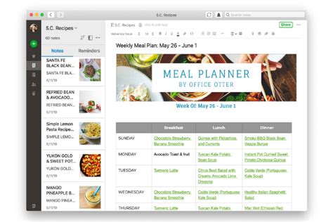 grocery and meal planner evernote