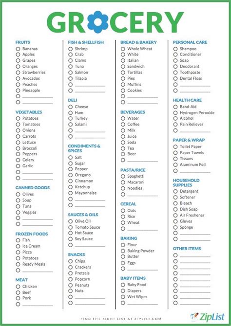 grocery list categories excel