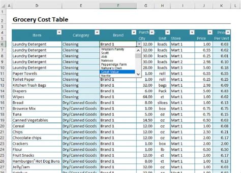grocery price list excel
