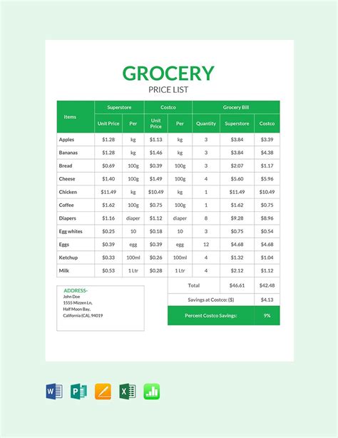 grocery price list template excel