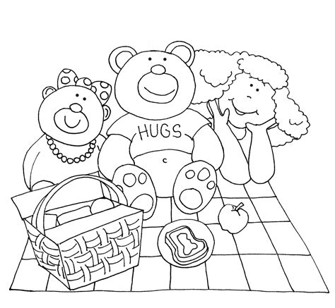 comica.shop:group of kid and their teddy bear picnic together coloring page