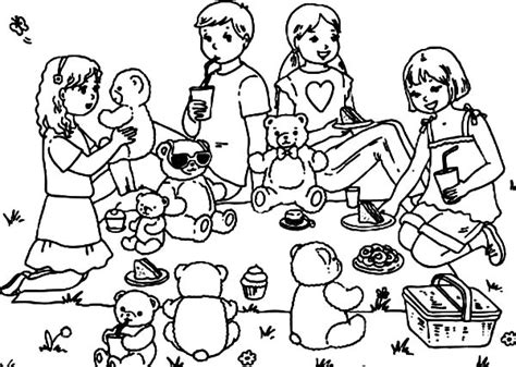 persianwildlife.us:group of kid and their teddy bear picnic together coloring page