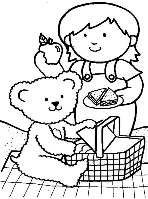 group of kid and their teddy bear picnic together coloring page