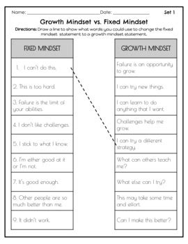 growth mindset vs fixed mindset worksheet answers