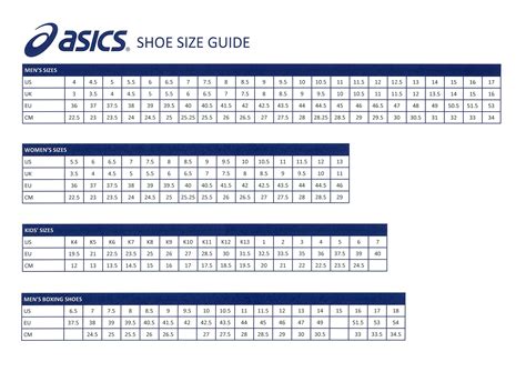 guide taille asics chaussures