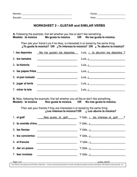 gustar and verbs like gustar worksheet answer key
