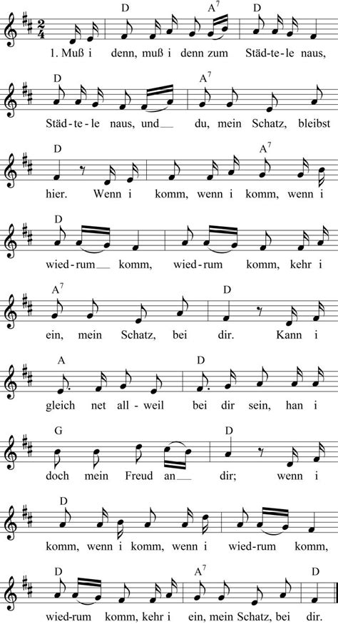 Noten, Liedtext, Akkorde für Muß i denn, muß i denn zum Städtele naus