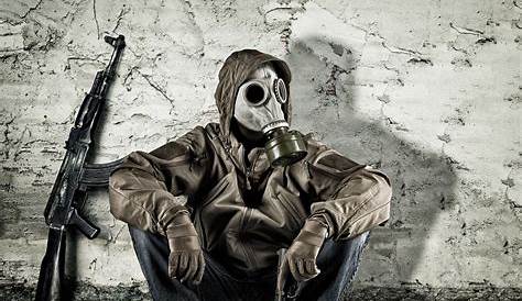 Wallpaper gun, wall, clothing, gas mask, male, sitting, Kalash images
