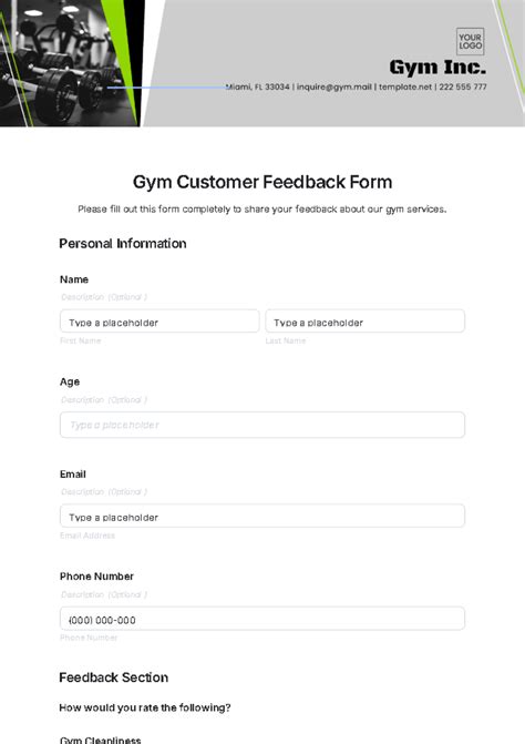 gym customer feedback form template