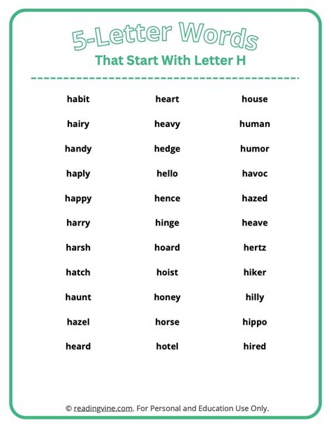 h for 5 letter words